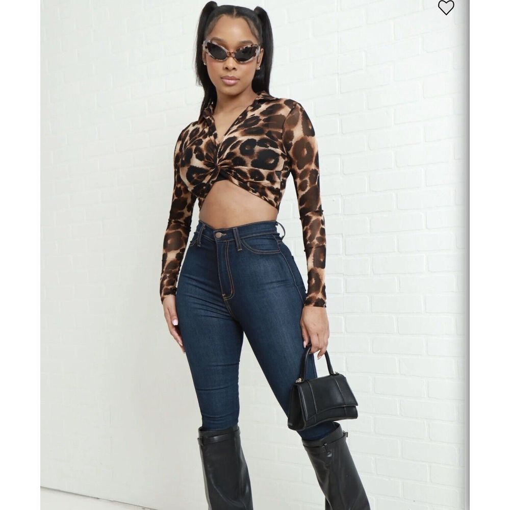 Leopard Print Crop Top Long Sleeve Twist Front Sheer Mesh Blouse size‎ small